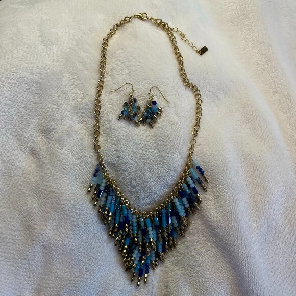 INC International Concepts Bib Necklace Earring Gold Tone Metal Blue Beads Set - Picture 1 of 5
